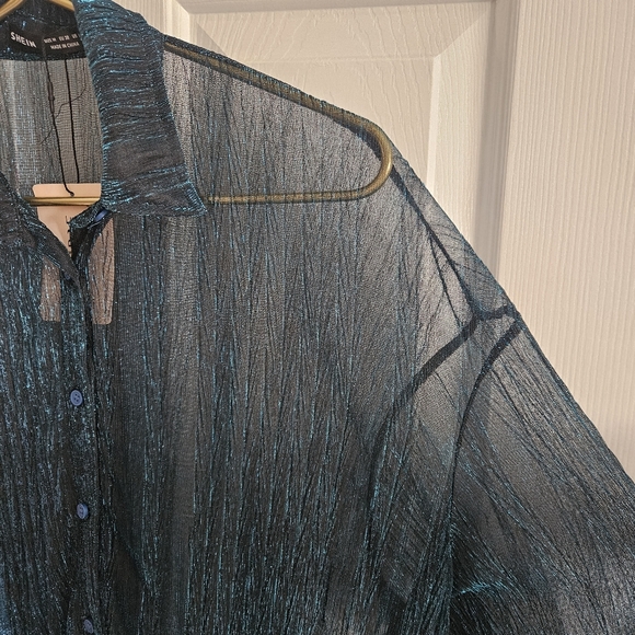 NWT SHEIN Bae Drop Shoulder Glitter See Through Mesh Button Front Shirt - Picture 7 of 14